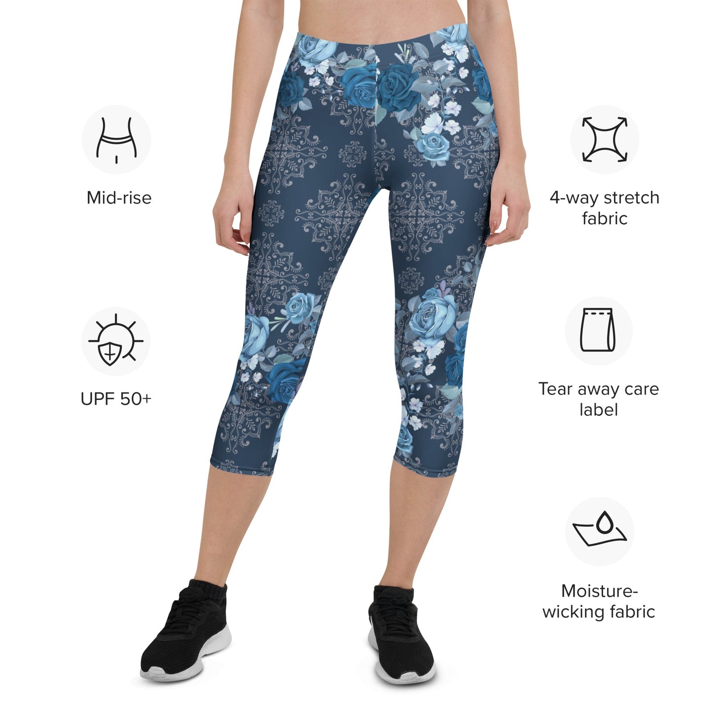 Capri - Leggings mit blauen Rosen – Florales Design & Ornament - Print | 3/4 Yogahose Damen mit Stretch & UV - Schutz - YogaStylz