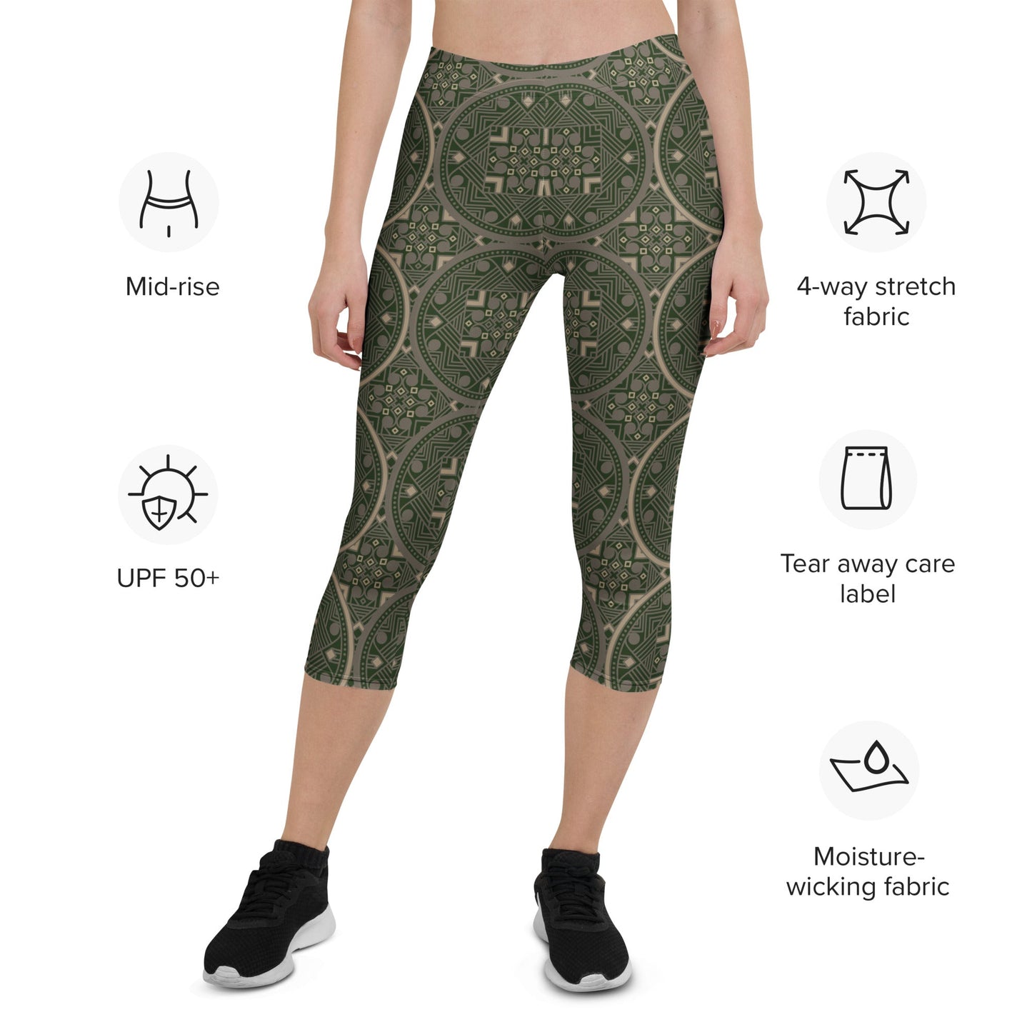 Capri - Leggings OlivgrΓΌn β 3/4 Yogahose mit orientalischem Muster, UV - Schutz & 4 - Wege - Stretch | Boho Activewear Damen - YogaStylz