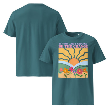 „Be The Change“ Unisex Bio T-Shirt – Sunrise & Flowers Design - YogaStylz