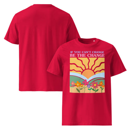 „Be The Change“ Unisex Bio T-Shirt – Sunrise & Flowers Design - YogaStylz
