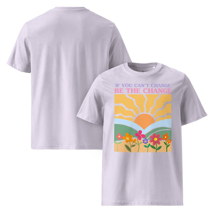 „Be The Change“ Unisex Bio T-Shirt – Sunrise & Flowers Design - YogaStylz