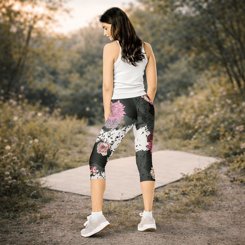Boho Capri - Leggings „Midnight Blossom“ – Floral High Waist - YogaStylz