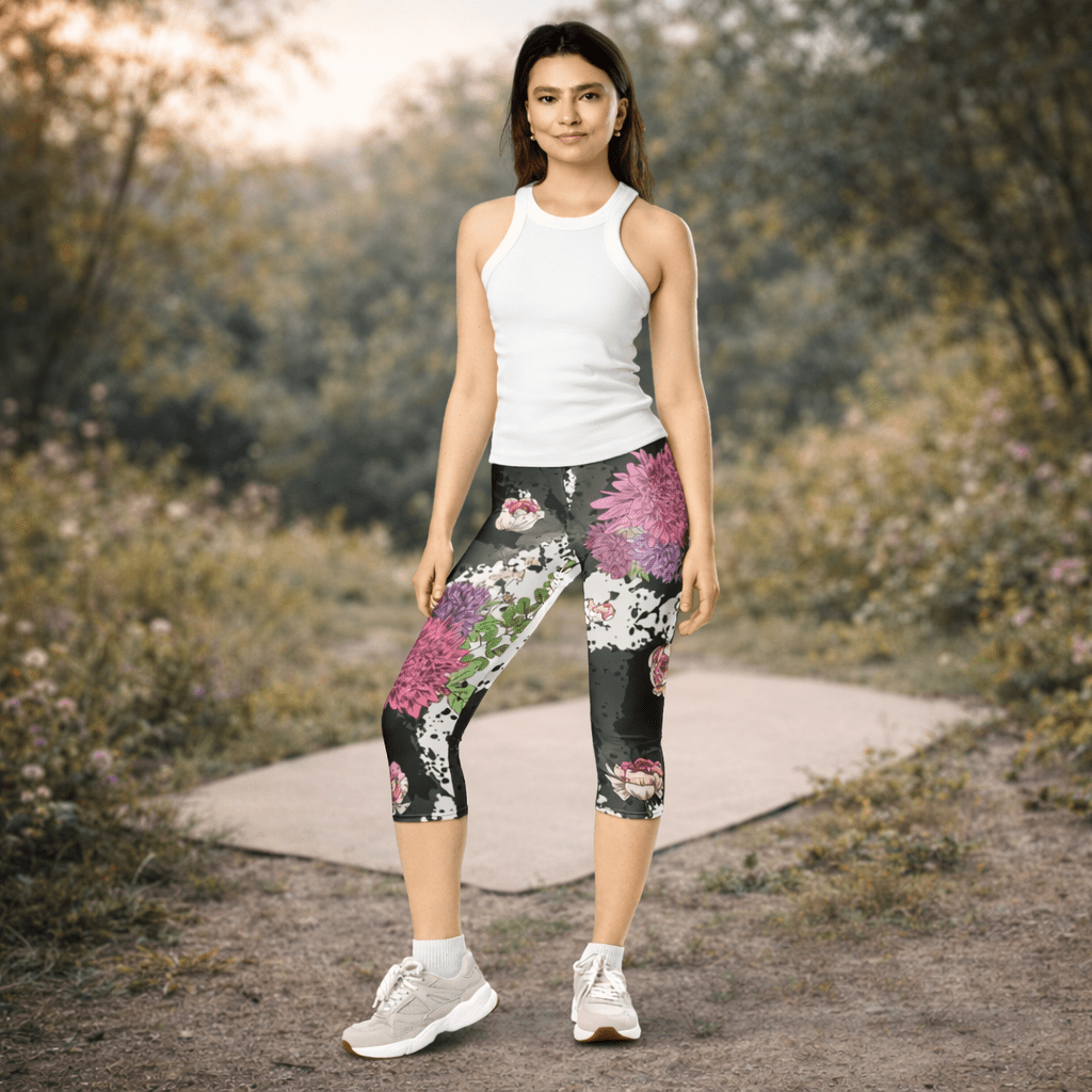 Boho Capri - Leggings „Midnight Blossom“ – Floral High Waist - YogaStylz