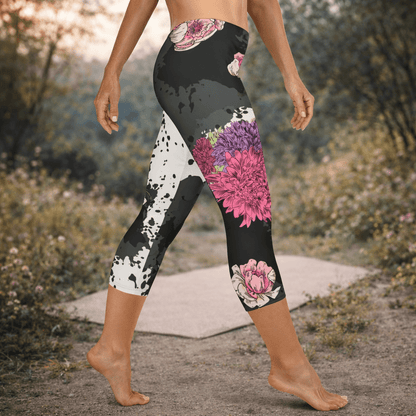 Boho Capri - Leggings „Midnight Blossom“ – Floral High Waist - YogaStylz