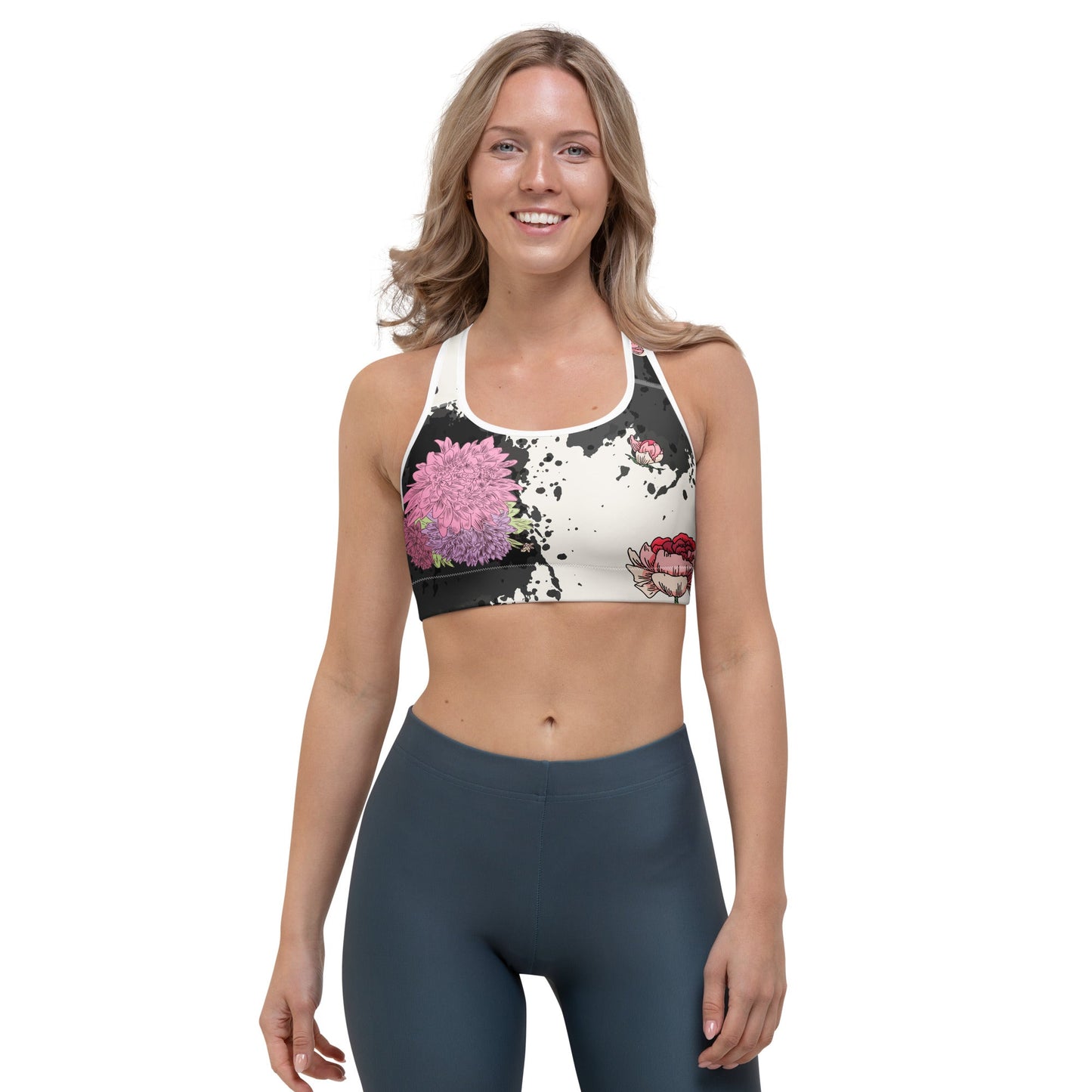 Boho Sport - BH „Midnight Blossom“ – floraler Racerback BH mit Halt & Komfort - YogaStylz