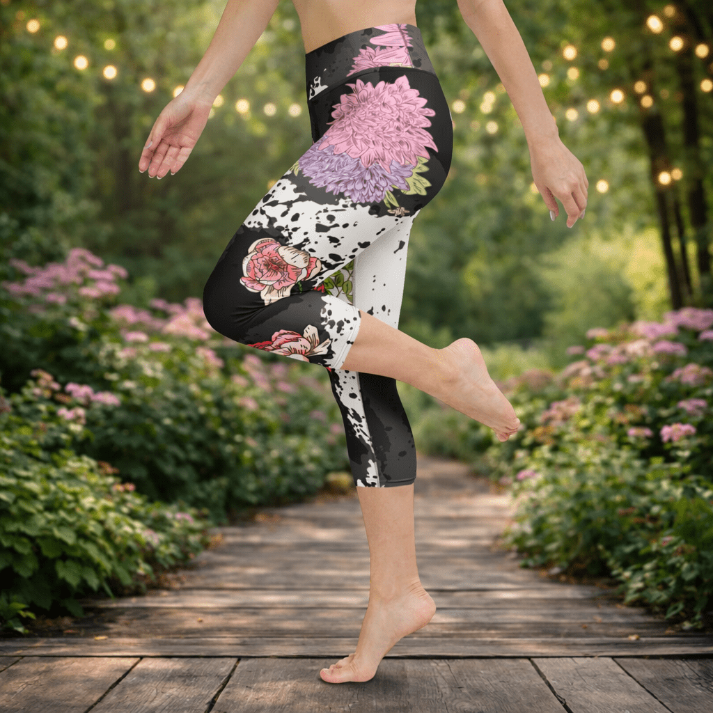 Boho Yoga - Capri - Leggings „Midnight Blossom“ – High Waist Florale Sport Leggings - YogaStylz
