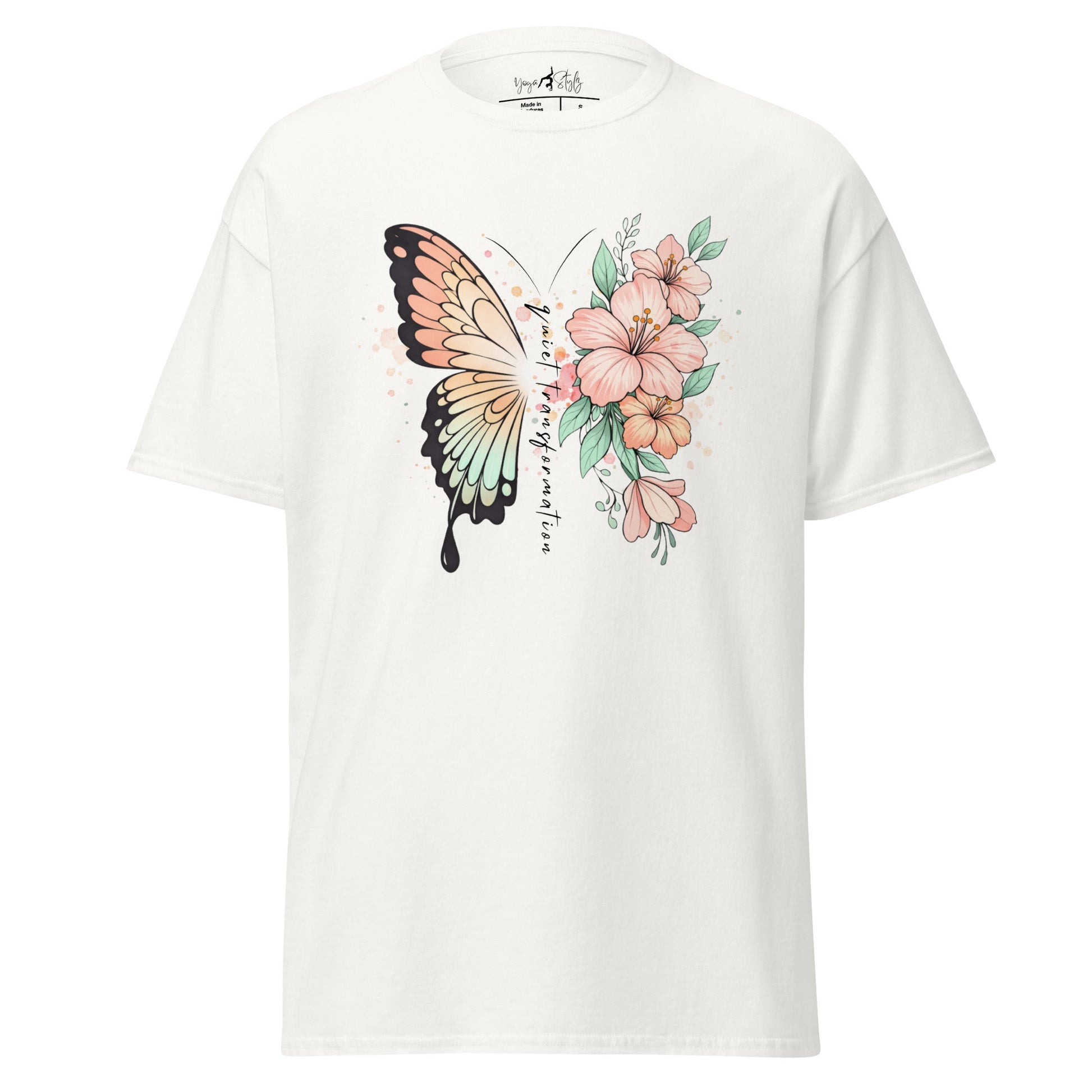 Butterfly Flower T-Shirt | Klassisches Baumwollshirt Quiet Transformation | Boho Style - YogaStylz