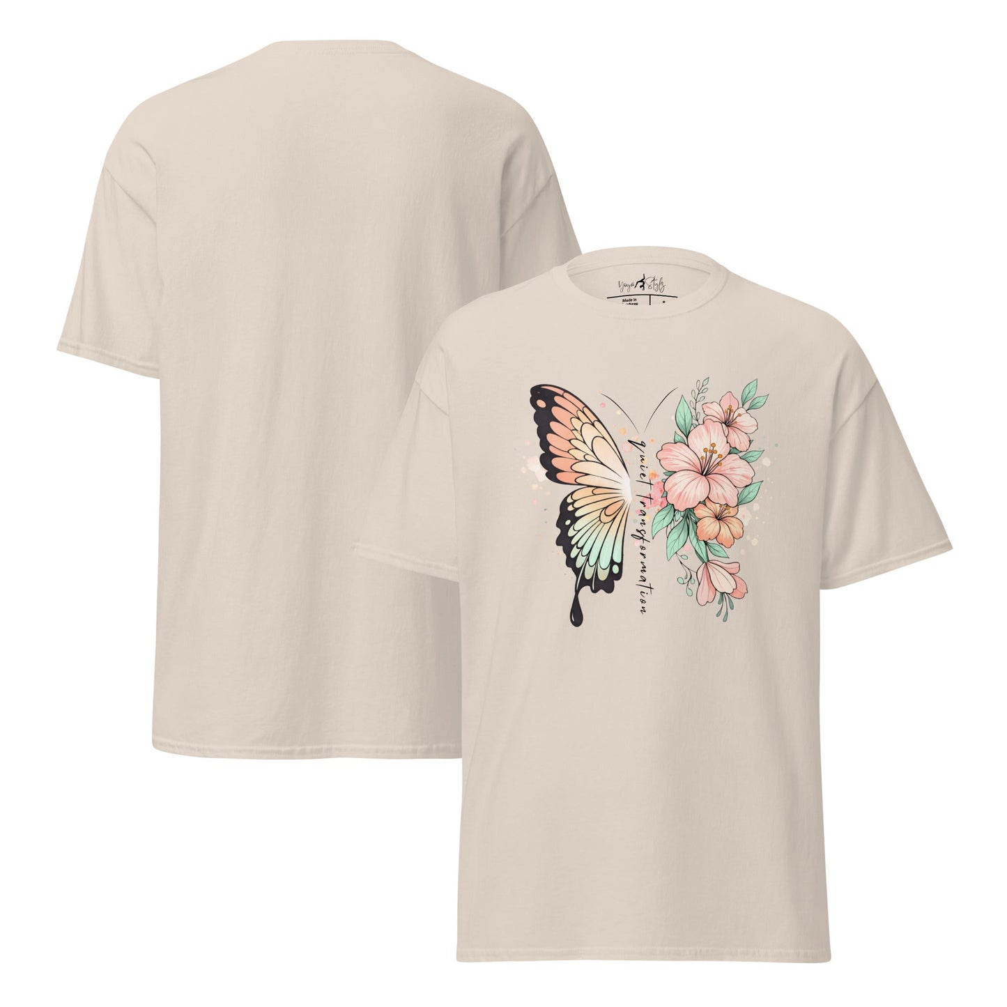 Butterfly Flower T-Shirt | Klassisches Baumwollshirt Quiet Transformation | Boho Style - YogaStylz