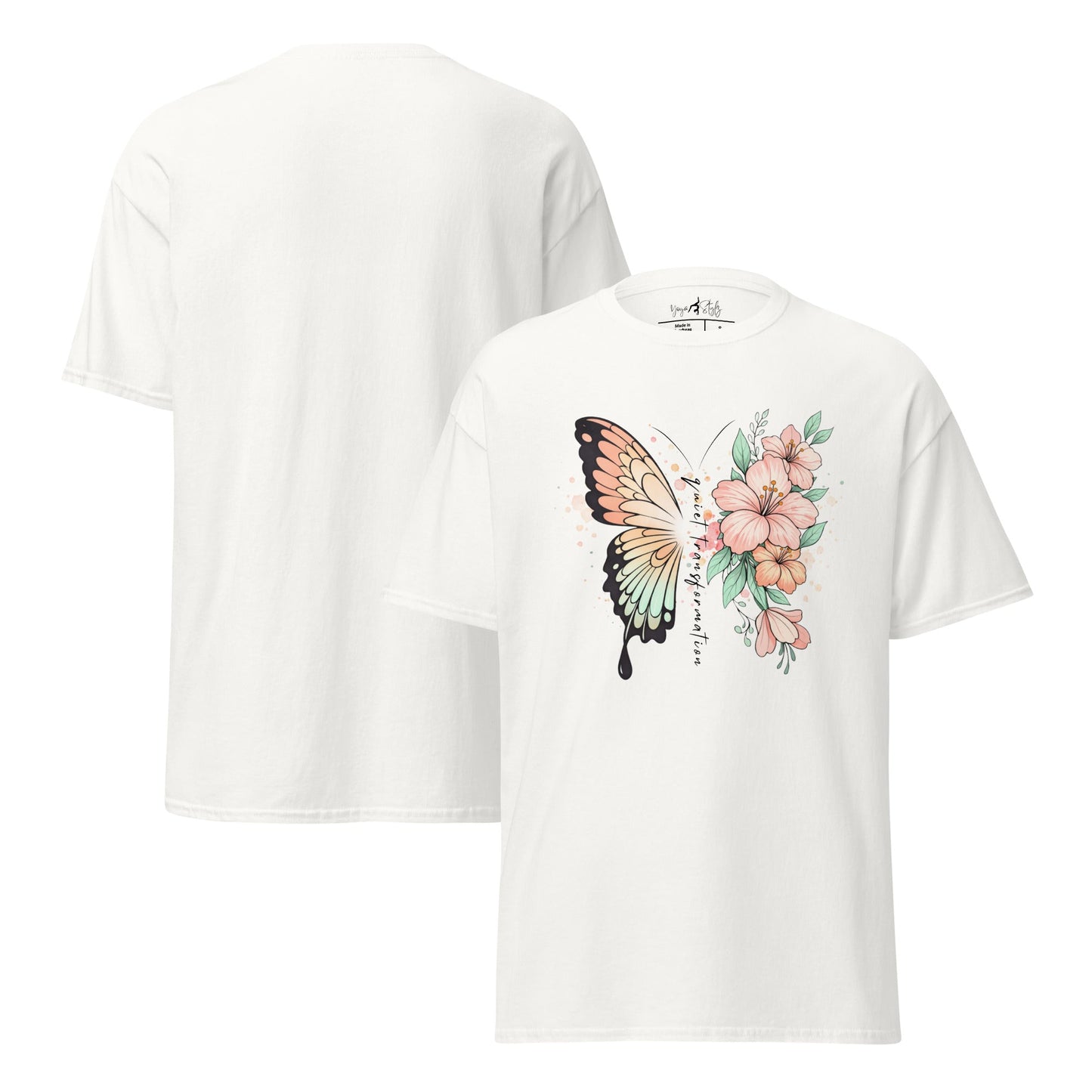 Butterfly Flower T-Shirt | Klassisches Baumwollshirt Quiet Transformation | Boho Style - YogaStylz