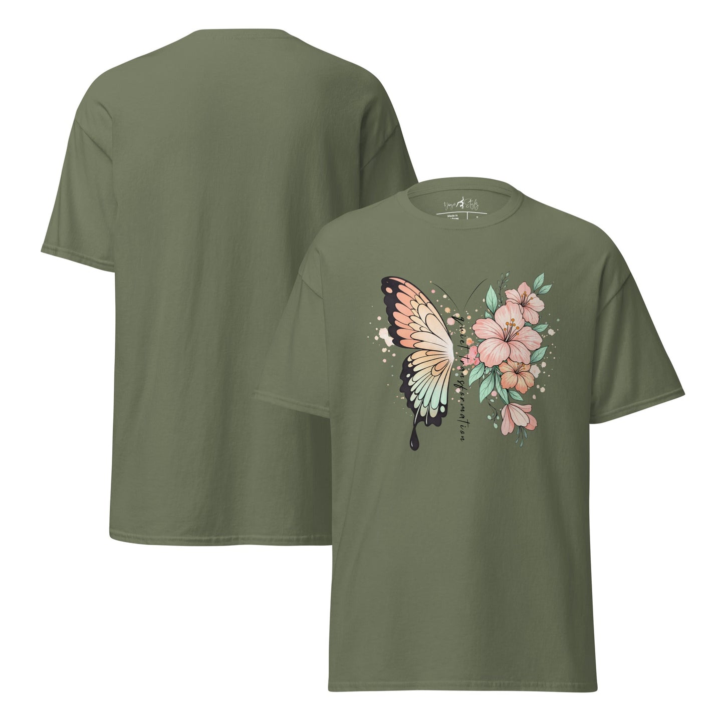 Butterfly Flower T-Shirt | Klassisches Baumwollshirt Quiet Transformation | Boho Style - YogaStylz