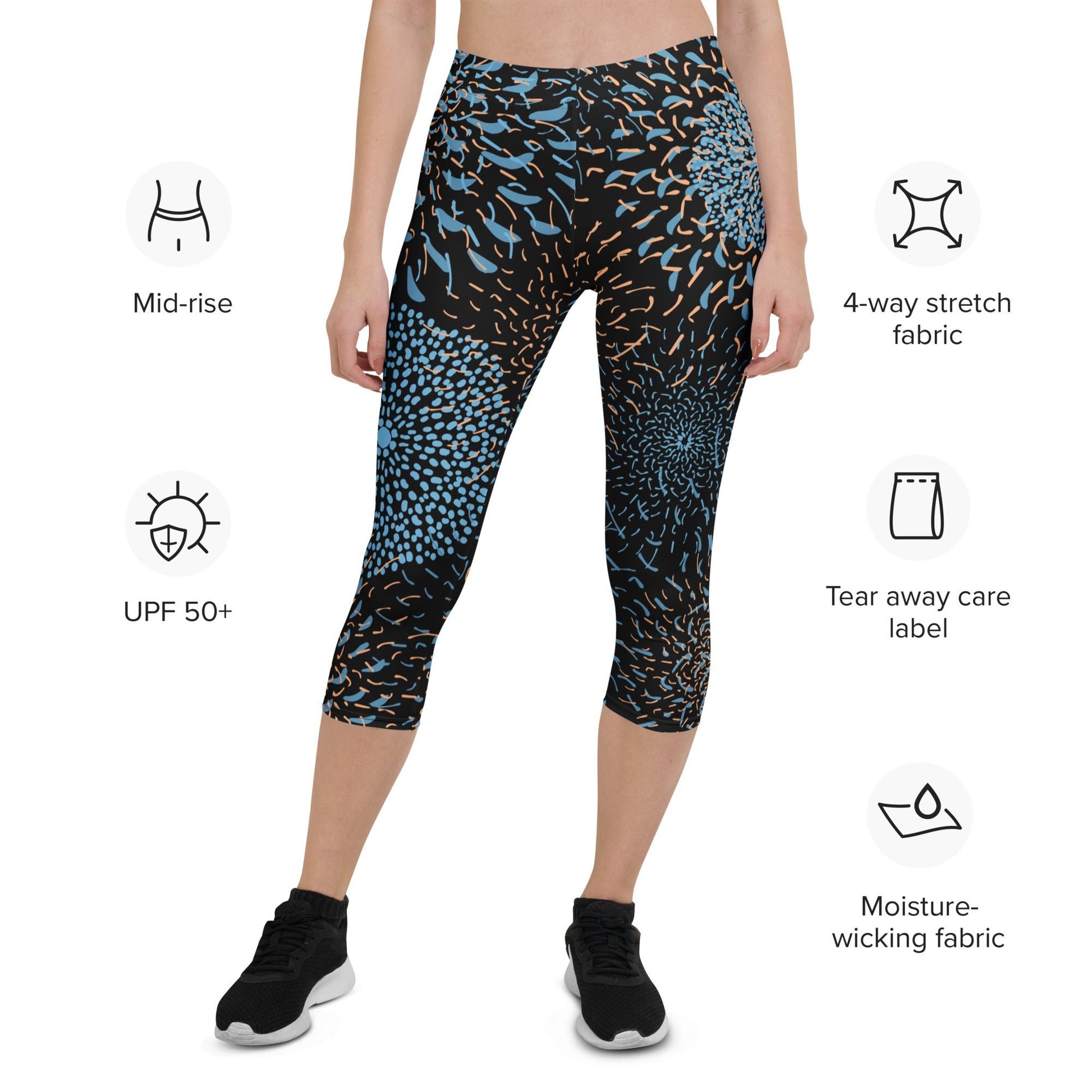 Capri - Leggings Blau Schwarz – Energie - Leggings mit 3/4 - Länge, UV - Schutz & 4 - Wege - Stretch | Stylische Activewear für Damen - YogaStylz