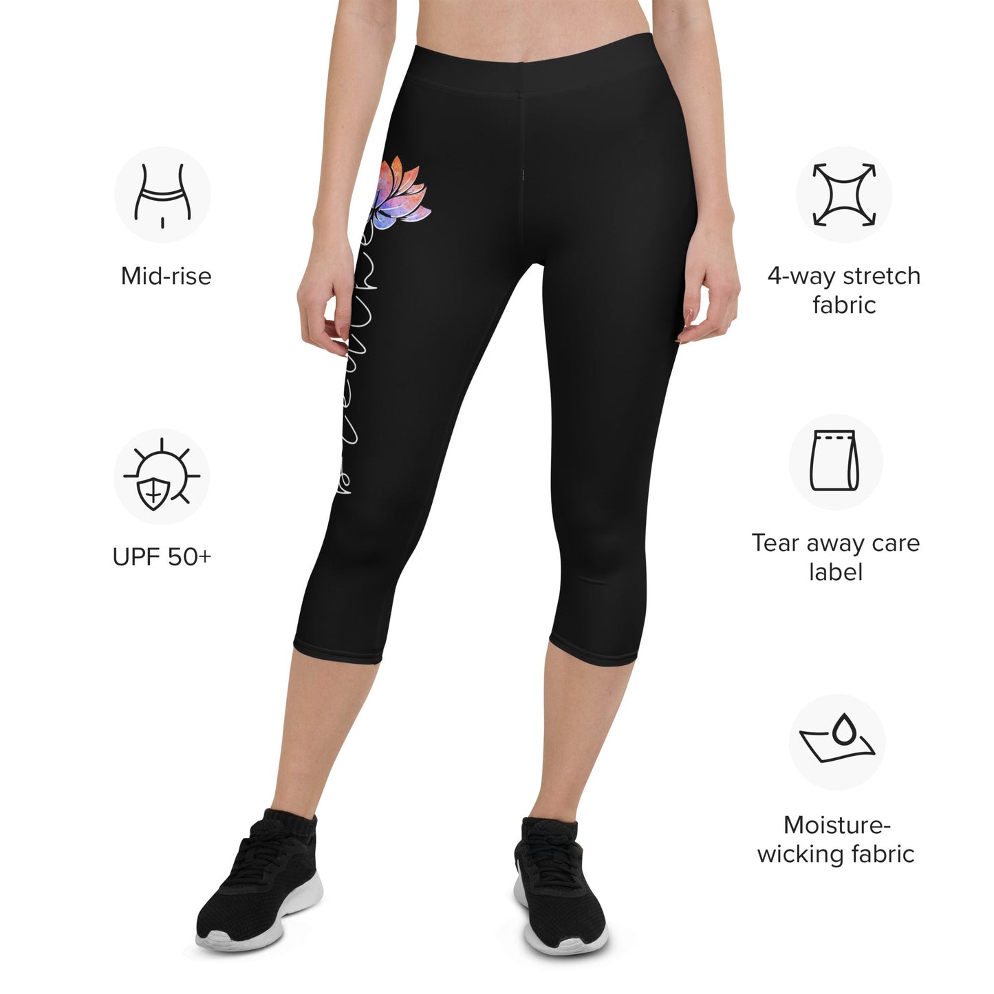 Capri - Leggings „Breathe“ – 3/4 Yogahose mit Lotusblüte, UV - Schutz & 4 - Wege - Stretch | Achtsame Activewear für Damen - YogaStylz