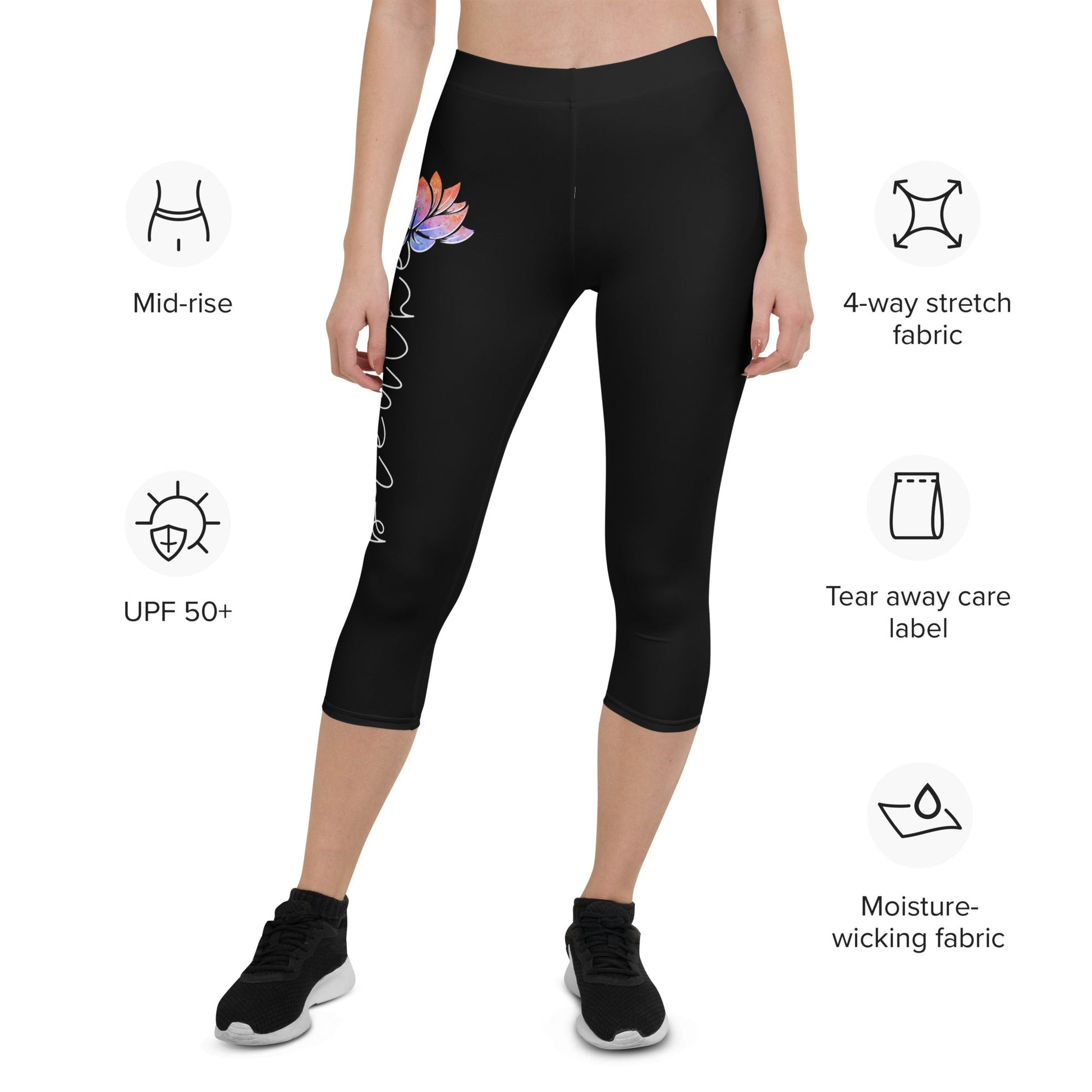 Capri - Leggings „Breathe“ – 3/4 Yogahose mit Lotusblüte, UV - Schutz & 4 - Wege - Stretch | Achtsame Activewear für Damen - YogaStylz