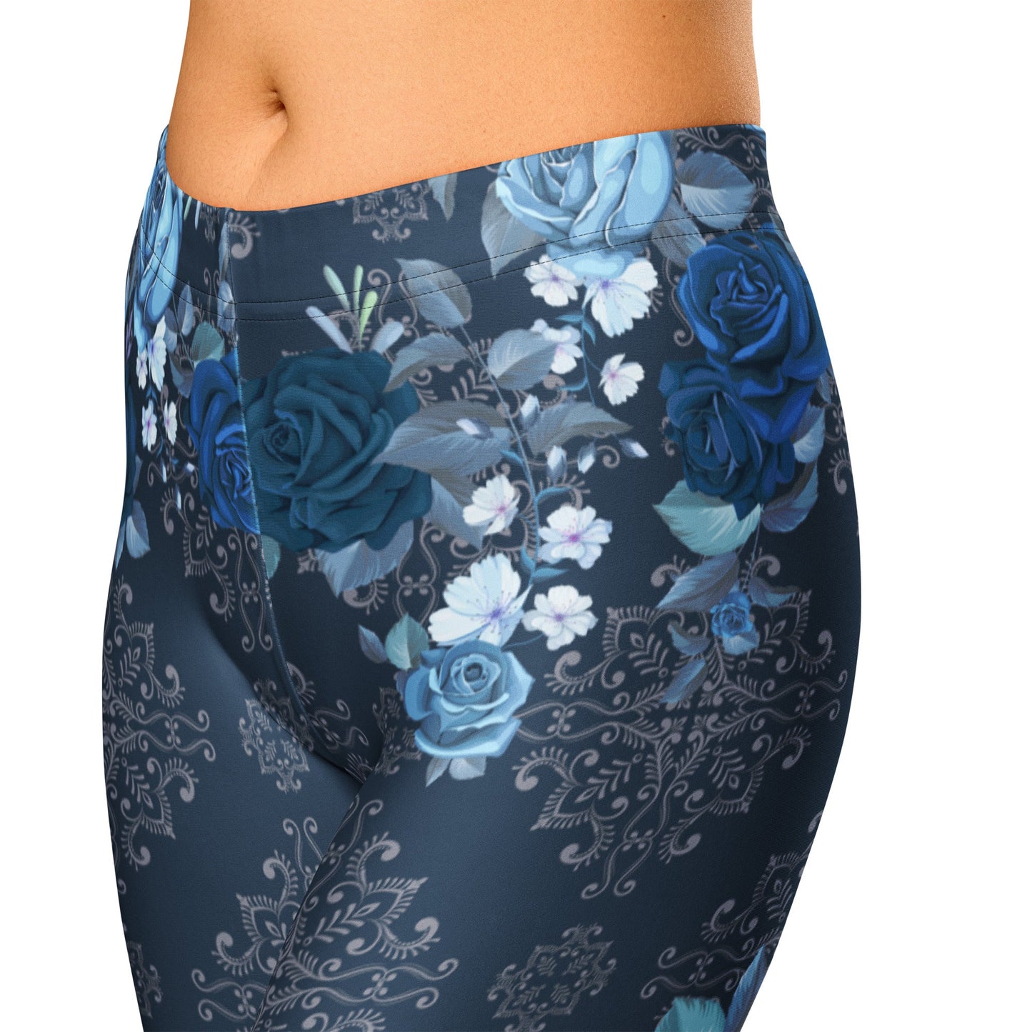 Capri - Leggings mit blauen Rosen – Florales Design & Ornament - Print | 3/4 Yogahose Damen mit Stretch & UV - Schutz - YogaStylz