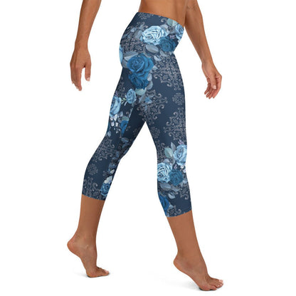 Capri - Leggings mit blauen Rosen – Florales Design & Ornament - Print | 3/4 Yogahose Damen mit Stretch & UV - Schutz - YogaStylz