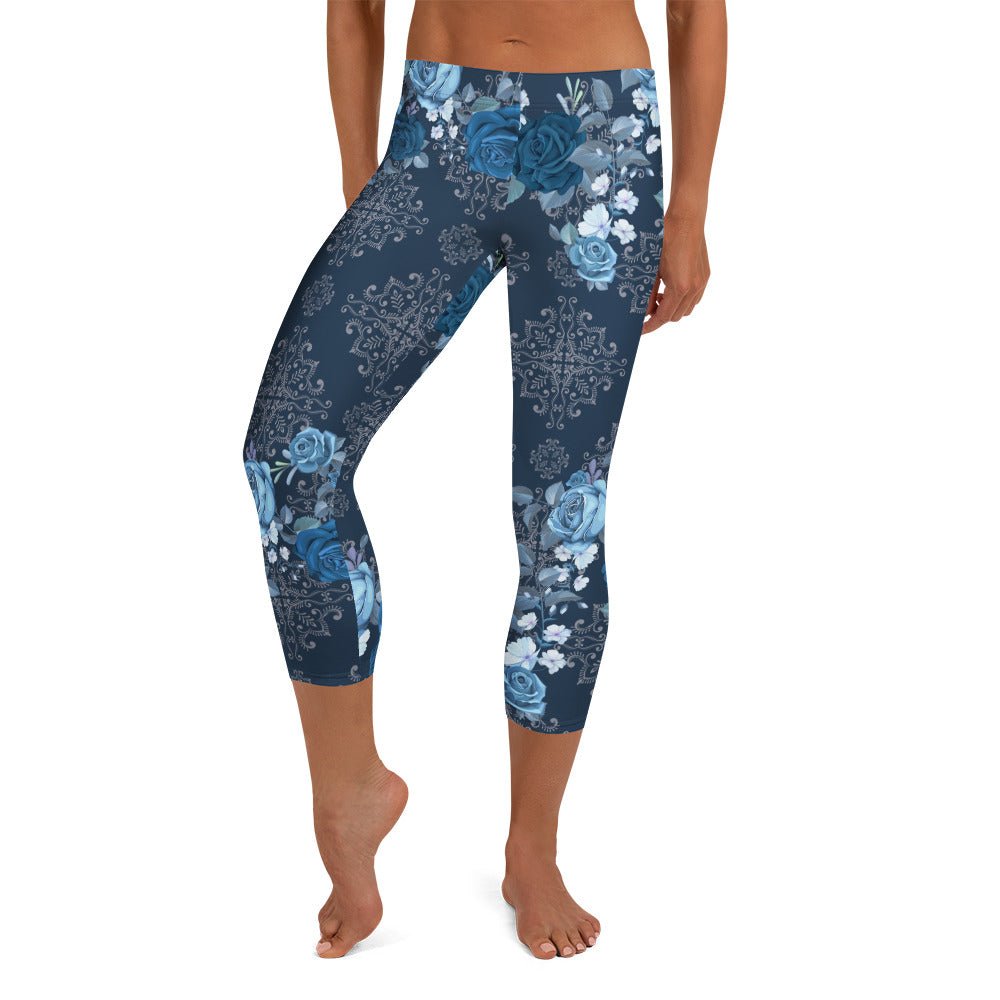 Capri - Leggings mit blauen Rosen – Florales Design & Ornament - Print | 3/4 Yogahose Damen mit Stretch & UV - Schutz - YogaStylz