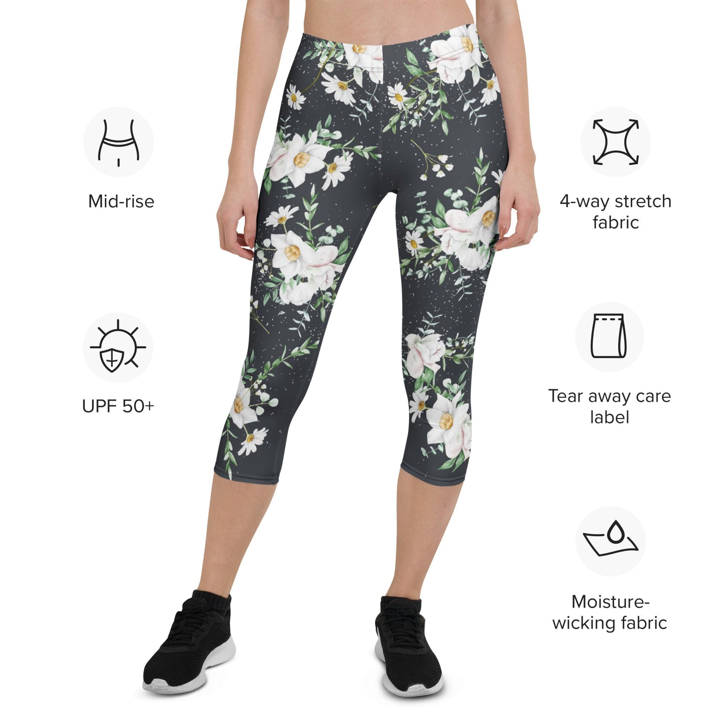 Capri - Leggings mit weißen Blumen – Florales 3/4 Design auf Dunkelgrau | Bequeme Yogahose mit Stretch & UV - Schutz für Damen - YogaStylz