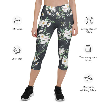 Capri - Leggings mit weißen Blumen – Florales 3/4 Design auf Dunkelgrau | Bequeme Yogahose mit Stretch & UV - Schutz für Damen - YogaStylz