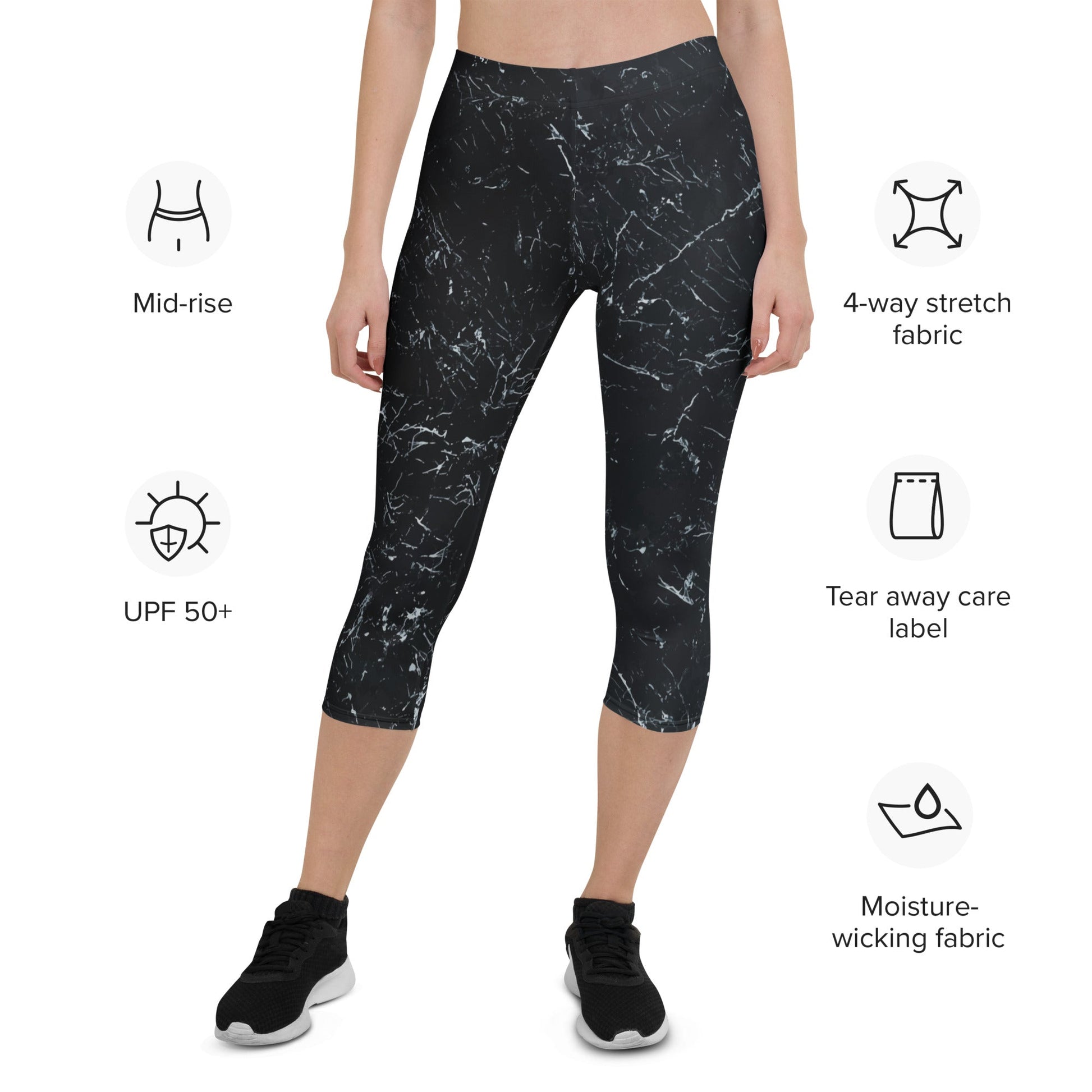 Capri - Leggings Schwarz Marmor – 3/4 Sportleggings mit UV - Schutz & 4 - Wege - Stretch | Minimalistische Activewear Damen - YogaStylz