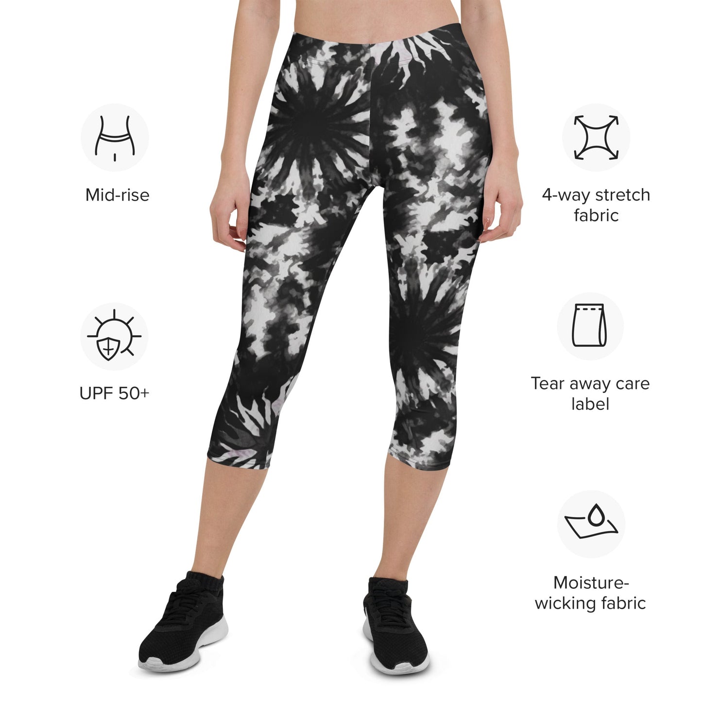 Capri - Leggings Tie - Dye Schwarz Weiß – 3/4 Yogahose mit UV - Schutz & 4 - Wege - Stretch | Stylische Activewear Damen - YogaStylz