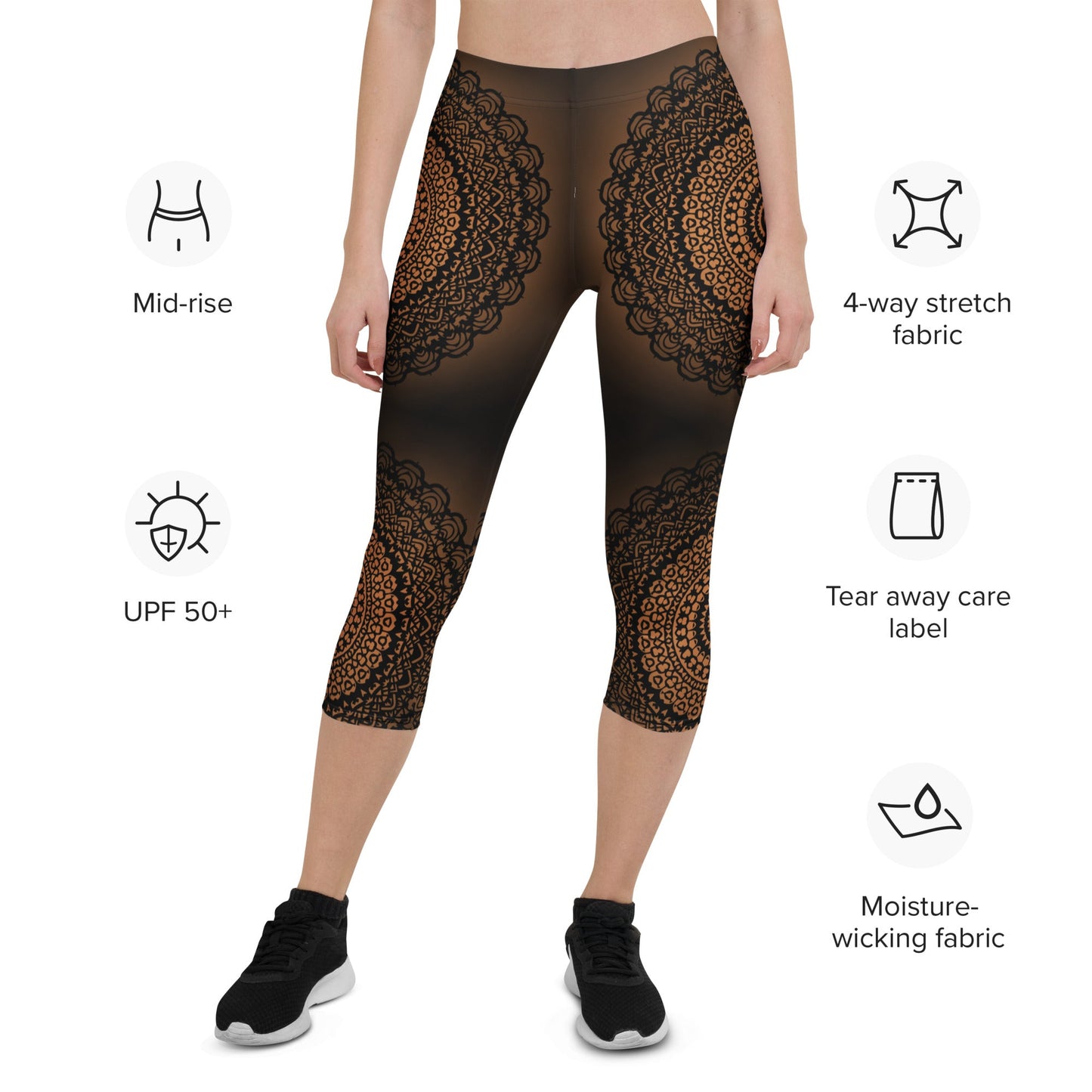 Mandala Capri - Leggings Braun Schwarz – 3/4 Yogahose mit UV - Schutz & Stretch | Boho Activewear Damen mit figurformendem Sitz - YogaStylz