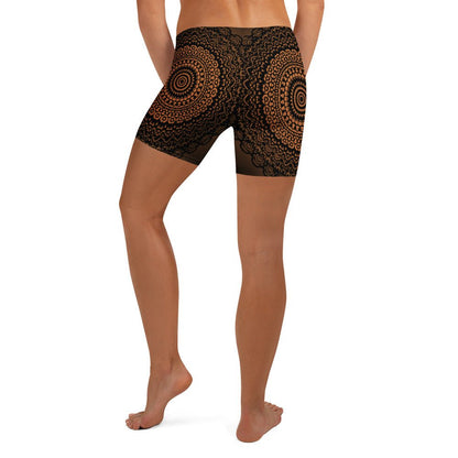 Mandala Shorts Braun Schwarz – Bequeme Boho - Shorts mit 4 - Wege - Stretch & elastischem Bund | Performance - Shorts für Yoga & Fitness - YogaStylz