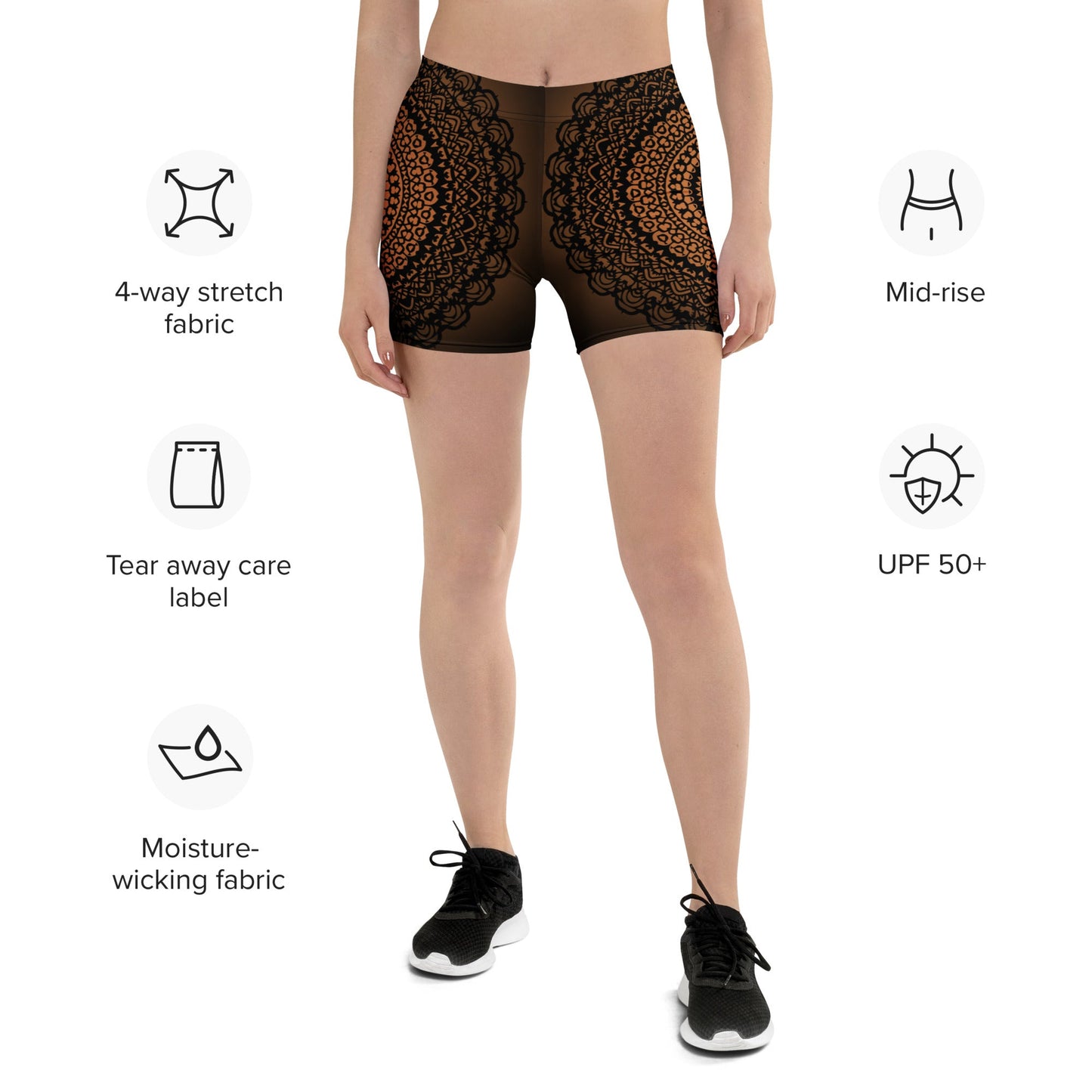 Mandala Shorts Braun Schwarz – Bequeme Boho - Shorts mit 4 - Wege - Stretch & elastischem Bund | Performance - Shorts für Yoga & Fitness - YogaStylz