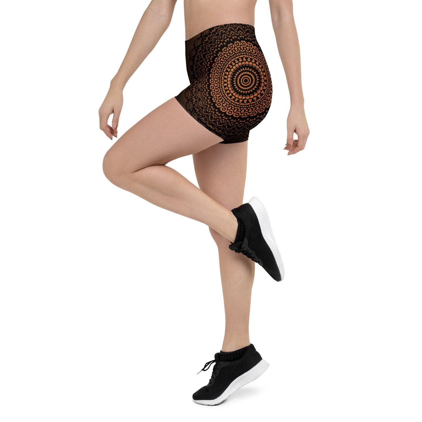Mandala Shorts Braun Schwarz – Bequeme Boho - Shorts mit 4 - Wege - Stretch & elastischem Bund | Performance - Shorts für Yoga & Fitness - YogaStylz