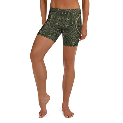 Mandala Shorts Grün – Boho Performance - Shorts mit orientalischem Muster & elastischem Bund | Stretch - Sportshorts für Damen - YogaStylz