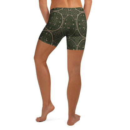 Mandala Shorts Grün – Boho Performance - Shorts mit orientalischem Muster & elastischem Bund | Stretch - Sportshorts für Damen - YogaStylz