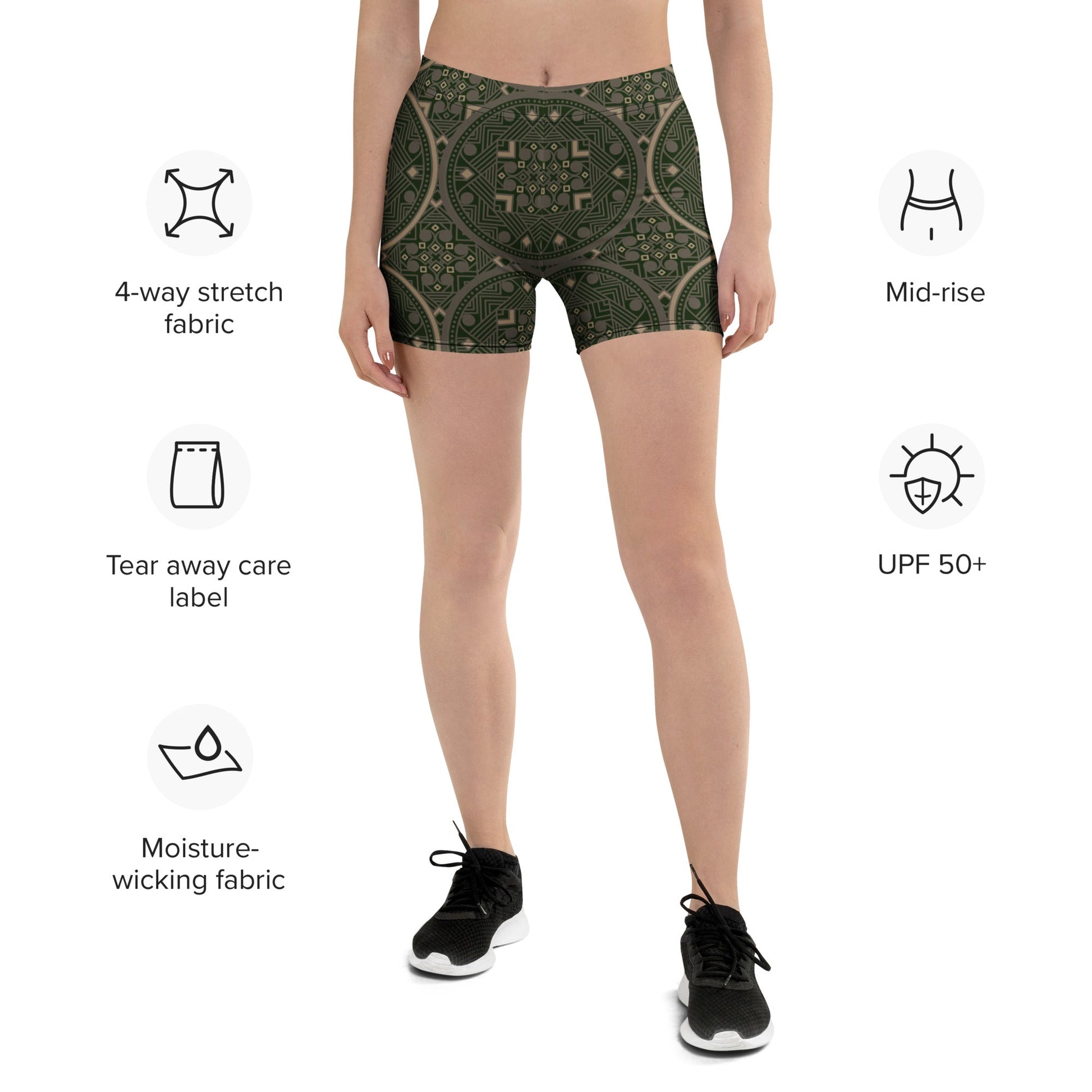Mandala Shorts Grün – Boho Performance - Shorts mit orientalischem Muster & elastischem Bund | Stretch - Sportshorts für Damen - YogaStylz