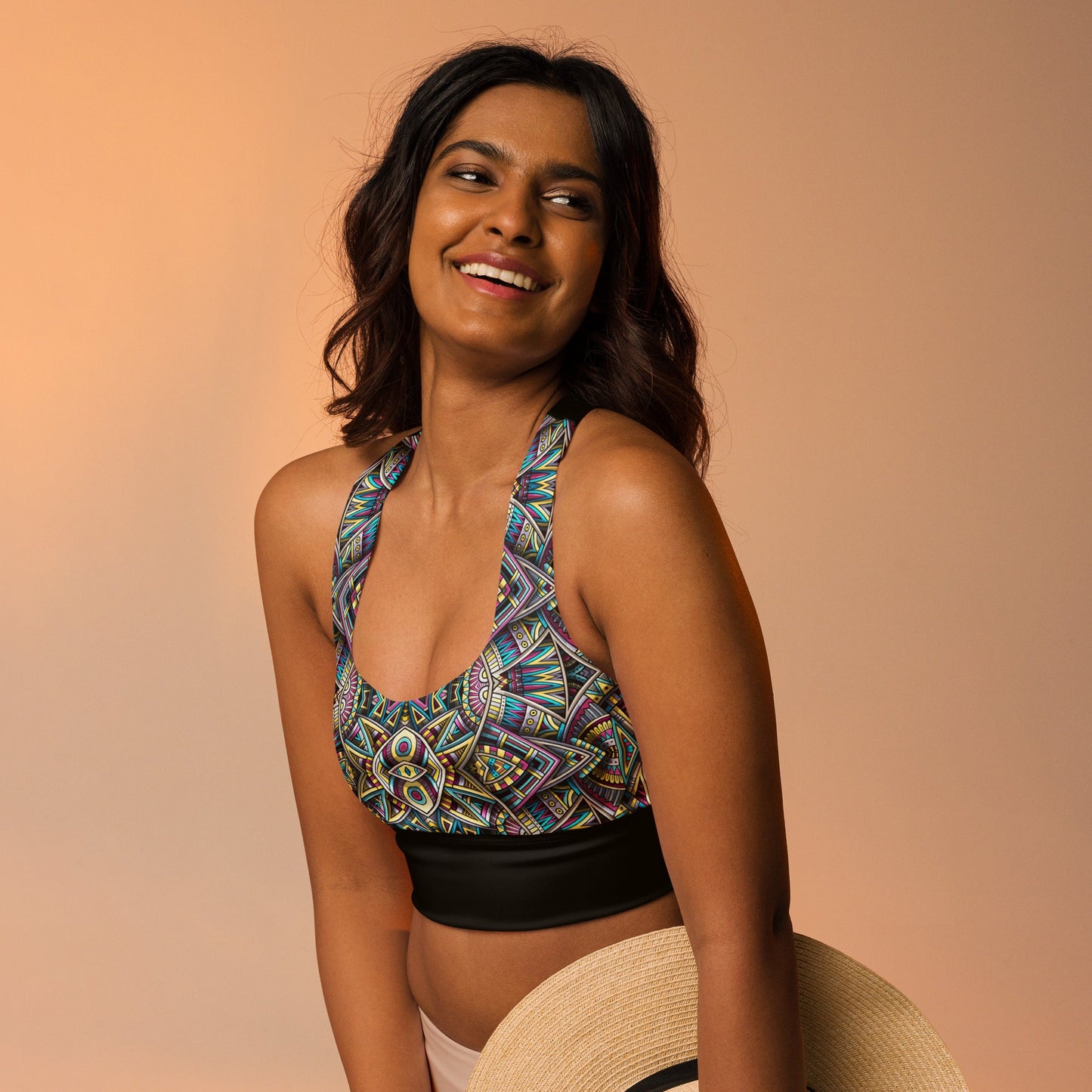 Recycelter Longline - Sport - BH mit buntem Mandala - Design - YogaStylz
