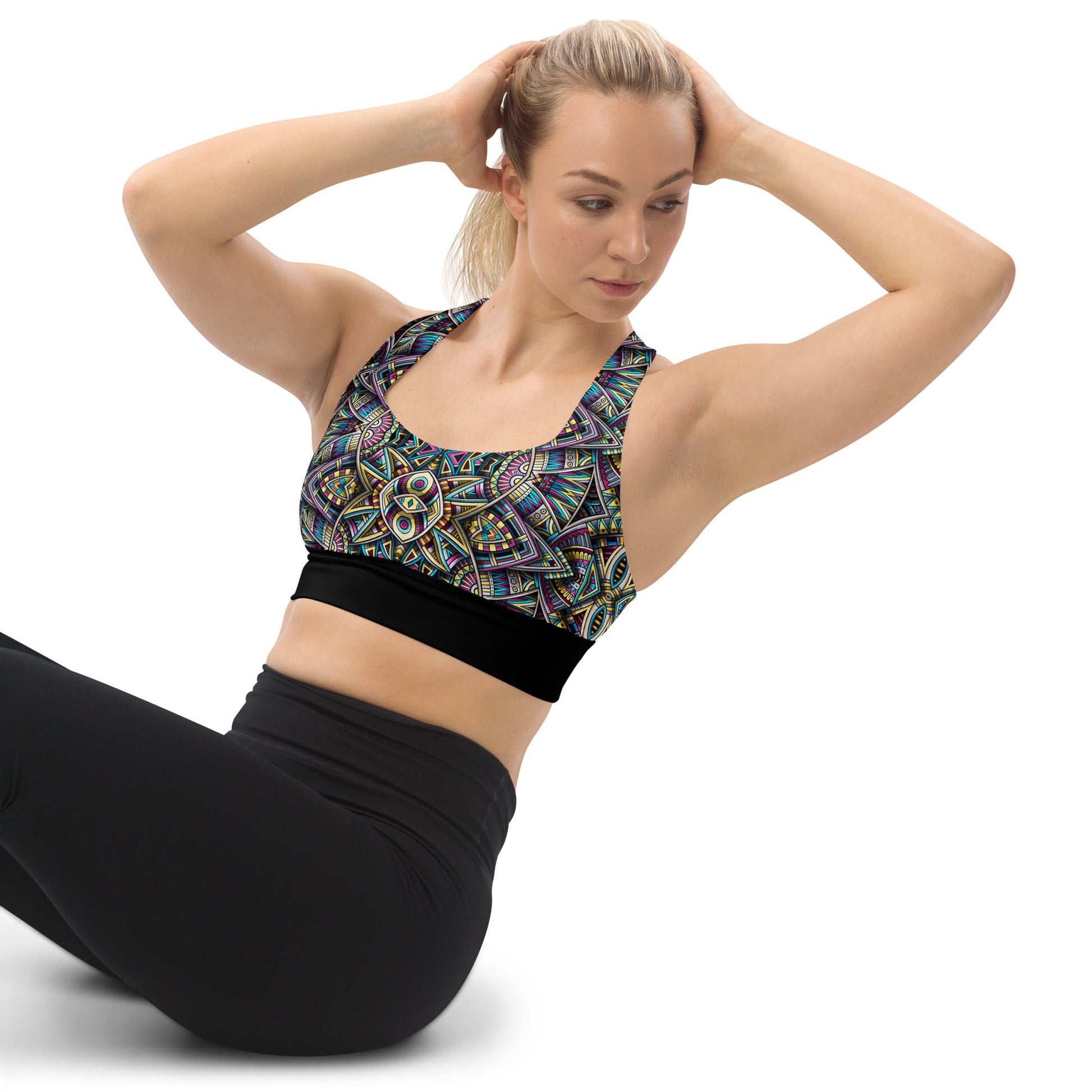 Recycelter Longline - Sport - BH mit buntem Mandala - Design - YogaStylz
