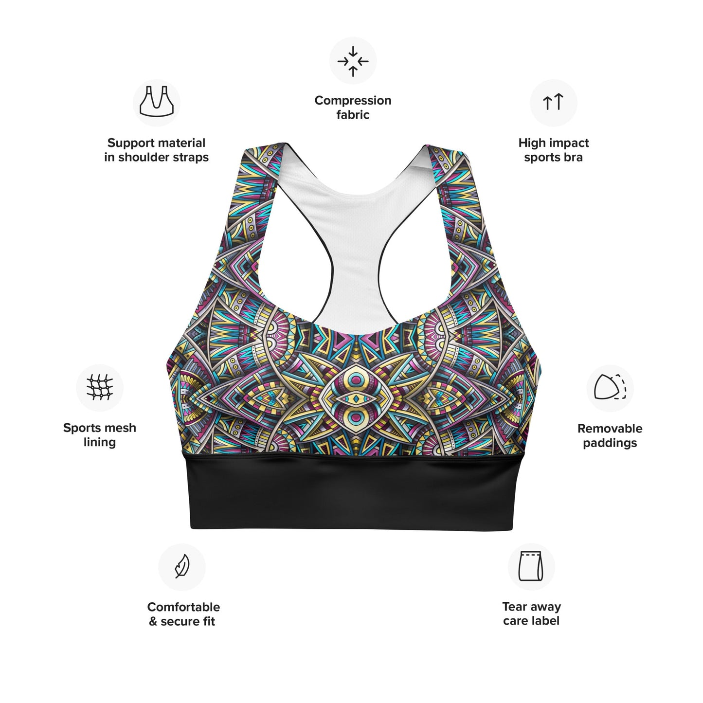 Recycelter Longline - Sport - BH mit buntem Mandala - Design - YogaStylz
