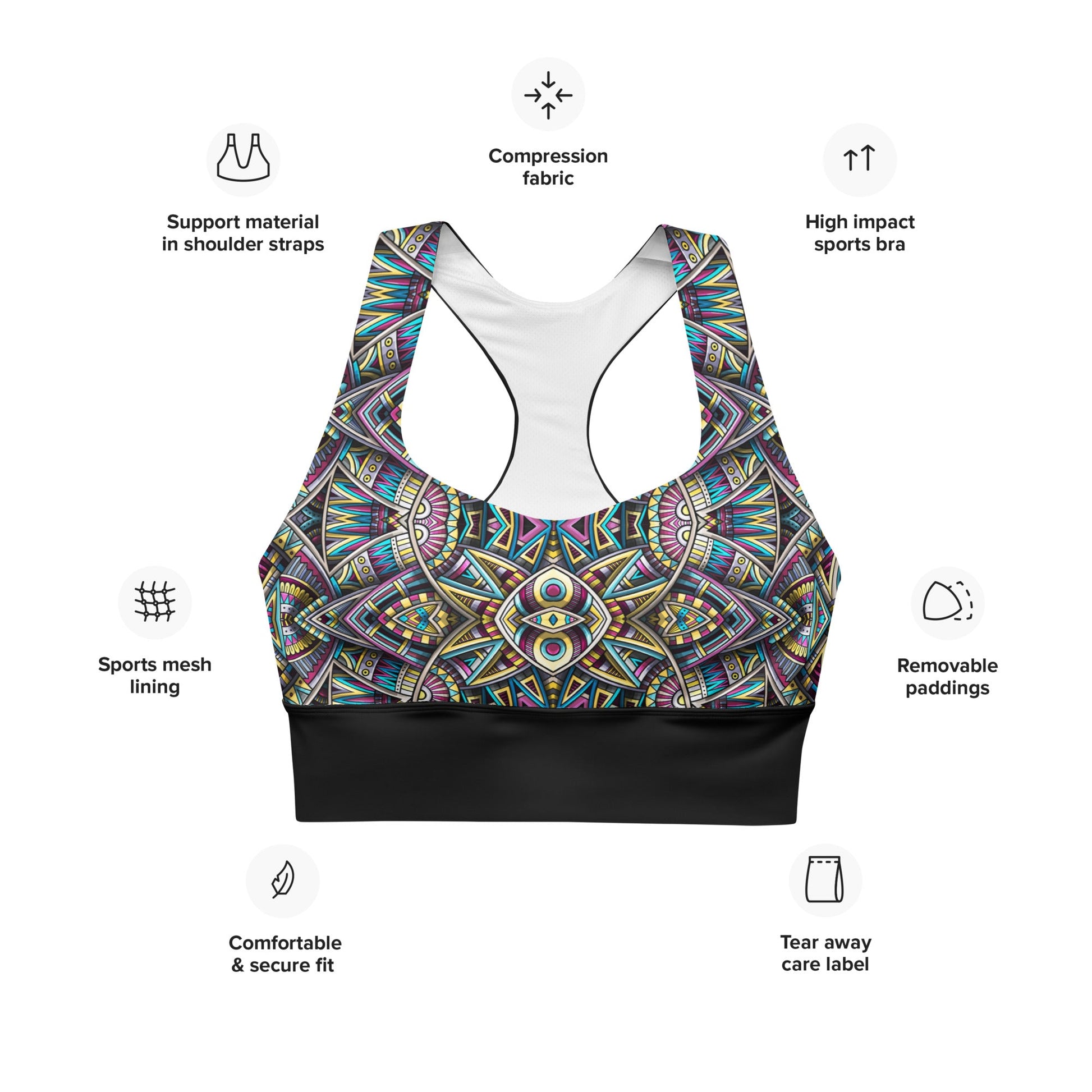 Recycelter Longline - Sport - BH mit buntem Mandala - Design - YogaStylz