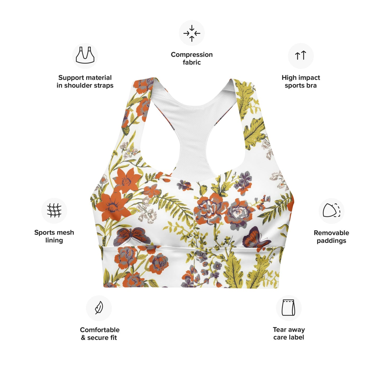 Recycelter Longline - Sport - BH mit herbstlich floralem Muster - YogaStylz