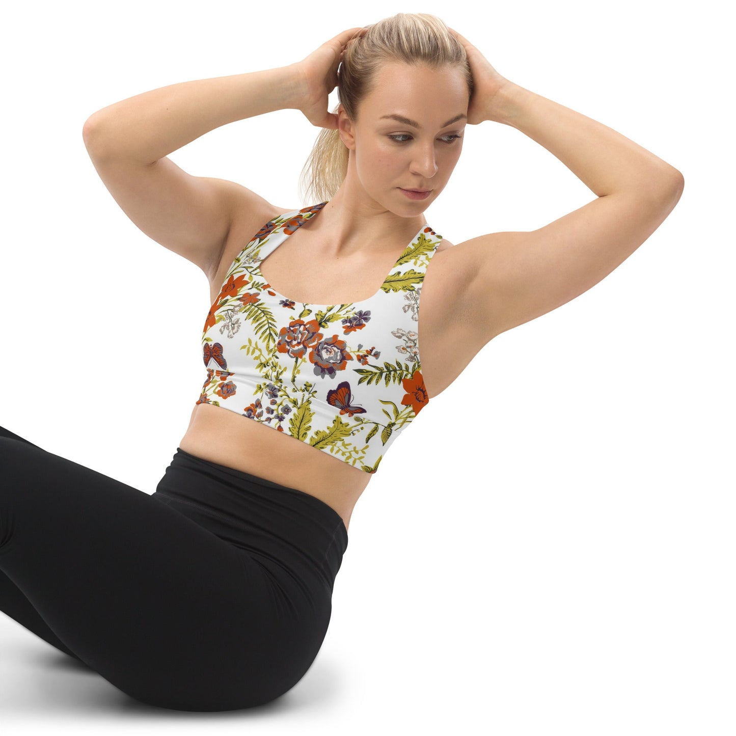 Recycelter Longline - Sport - BH mit herbstlich floralem Muster - YogaStylz