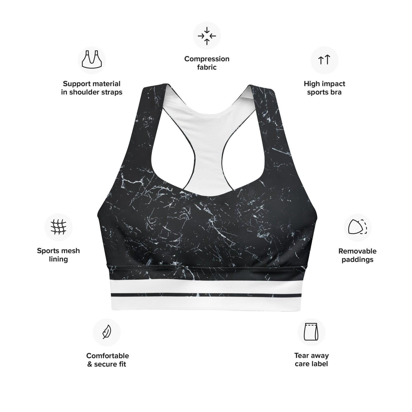 Recycelter Longline - Sport - BH mit Marmor - Design & weißen Streifen - YogaStylz