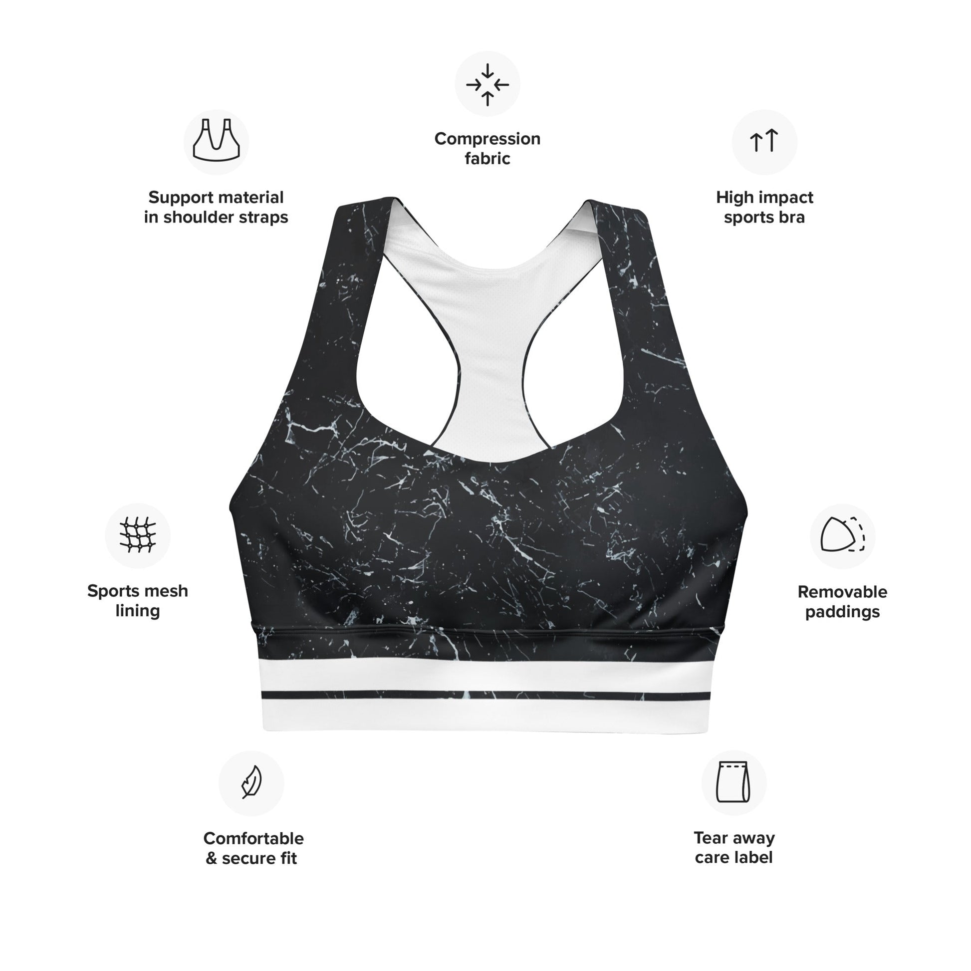 Recycelter Longline - Sport - BH mit Marmor - Design & weißen Streifen - YogaStylz