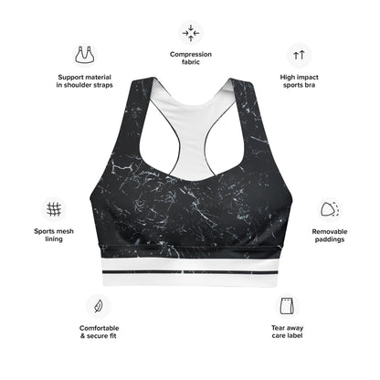 Recycelter Longline - Sport - BH mit Marmor - Design & weißen Streifen - YogaStylz