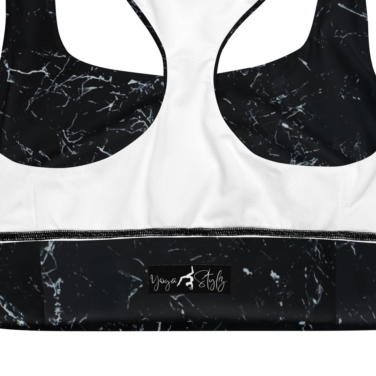 Recycelter Longline - Sport - BH mit Marmor - Design & weißen Streifen - YogaStylz