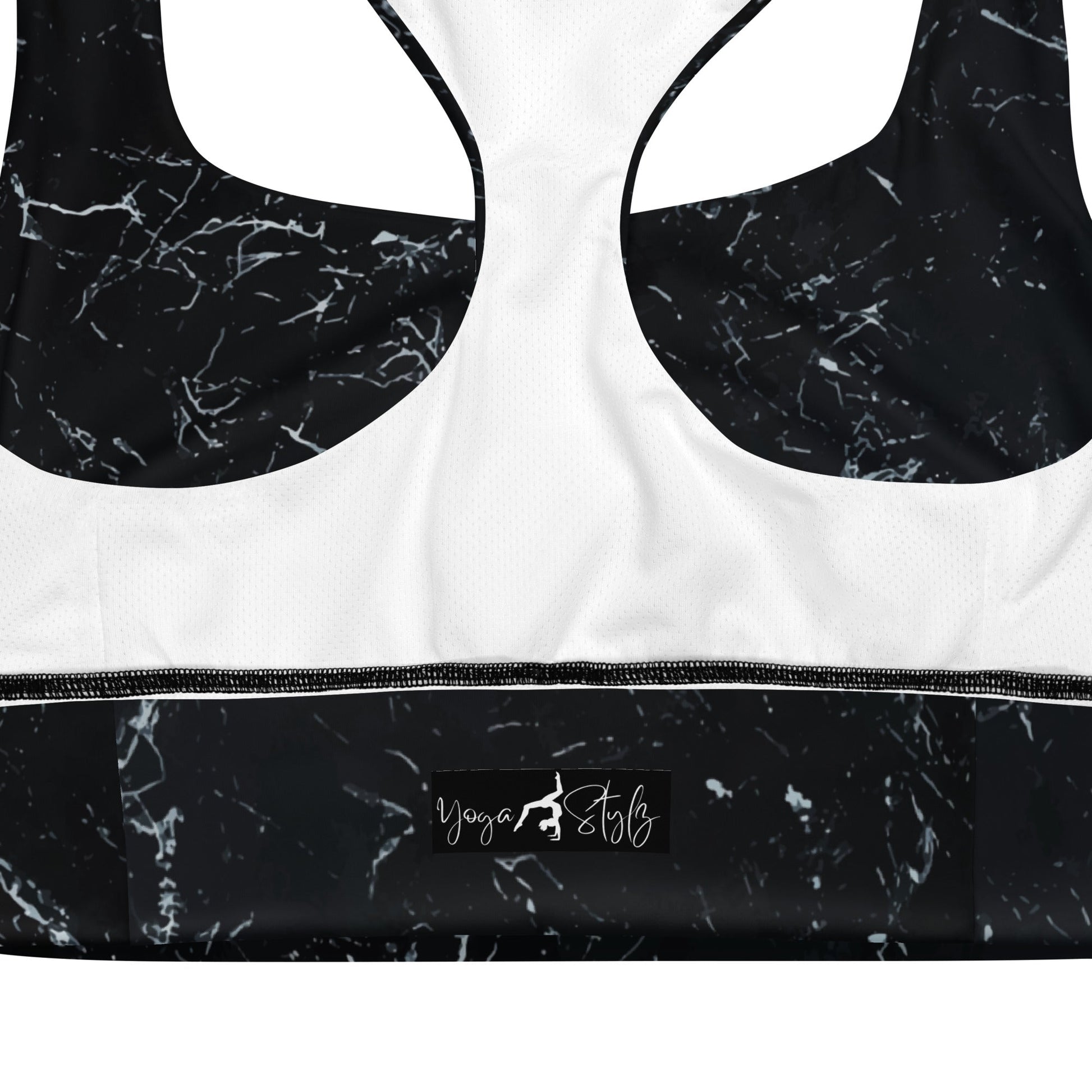 Recycelter Longline - Sport - BH mit Marmor - Design & weißen Streifen - YogaStylz