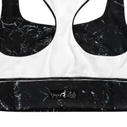 Recycelter Longline - Sport - BH mit Marmor - Design & weißen Streifen - YogaStylz