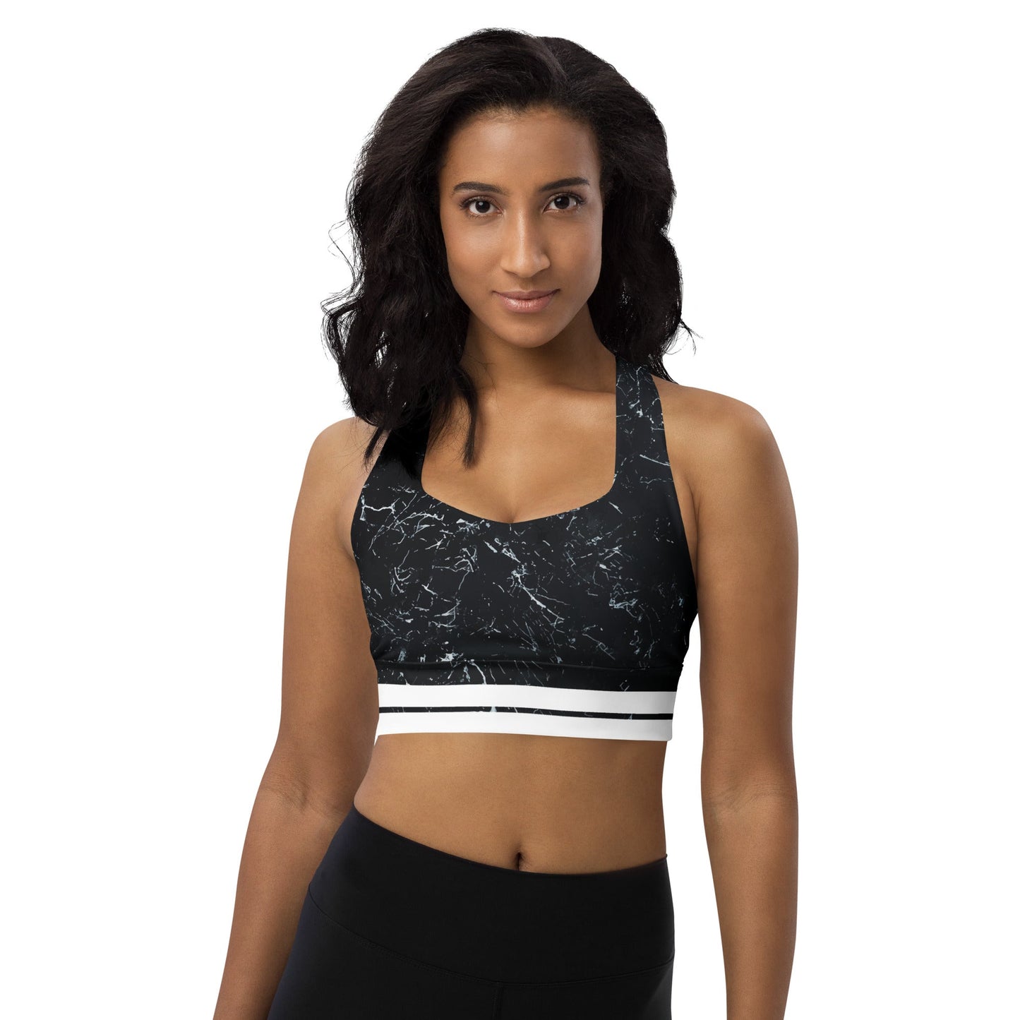Recycelter Longline - Sport - BH mit Marmor - Design & weißen Streifen - YogaStylz