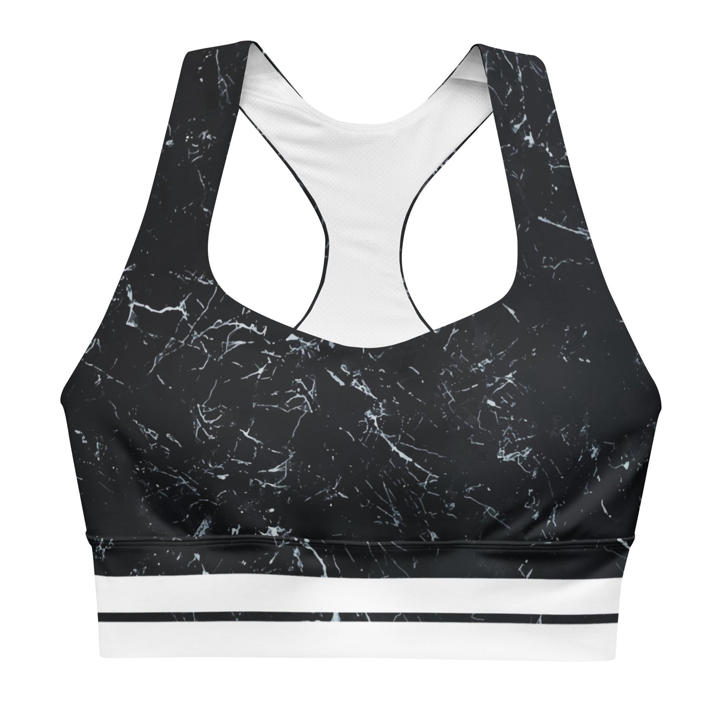 Recycelter Longline - Sport - BH mit Marmor - Design & weißen Streifen - YogaStylz