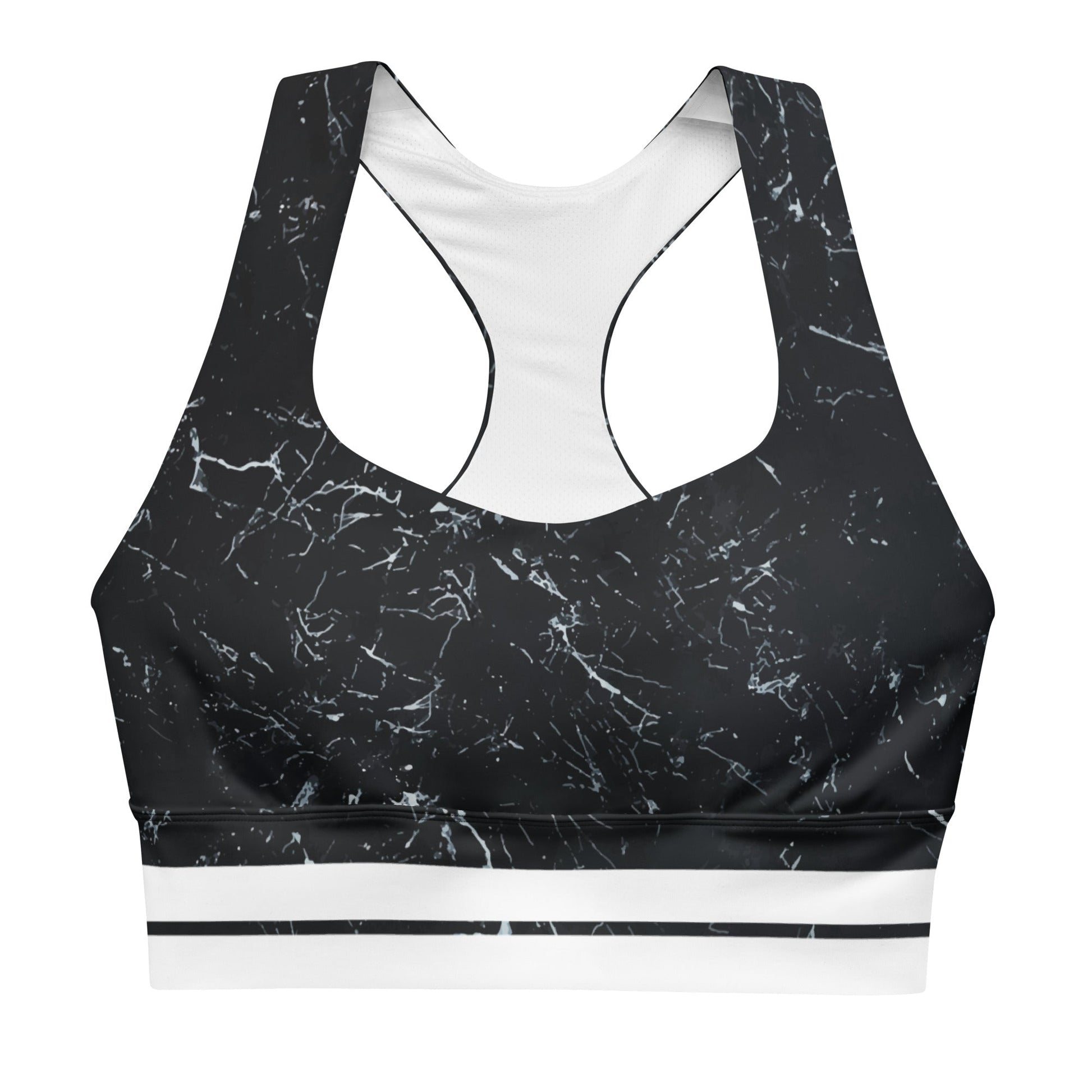 Recycelter Longline - Sport - BH mit Marmor - Design & weißen Streifen - YogaStylz