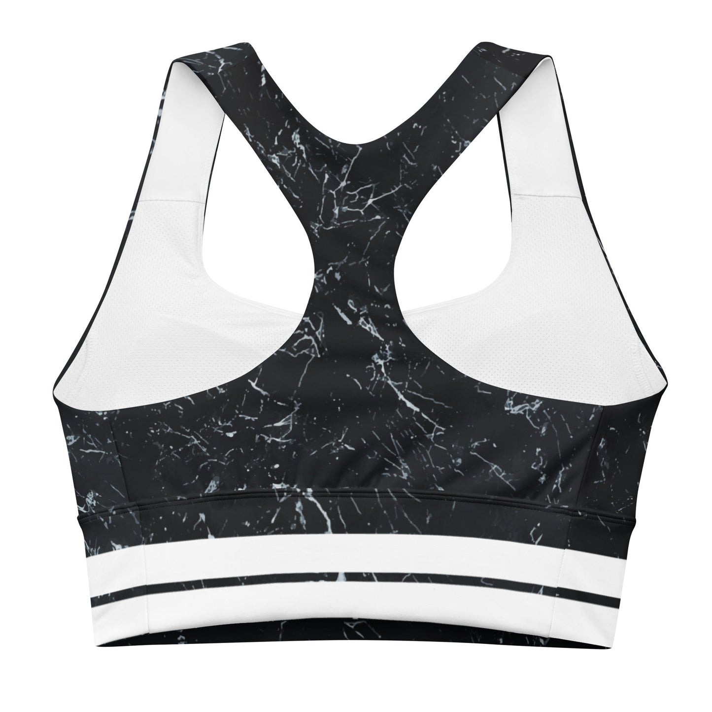 Recycelter Longline - Sport - BH mit Marmor - Design & weißen Streifen - YogaStylz
