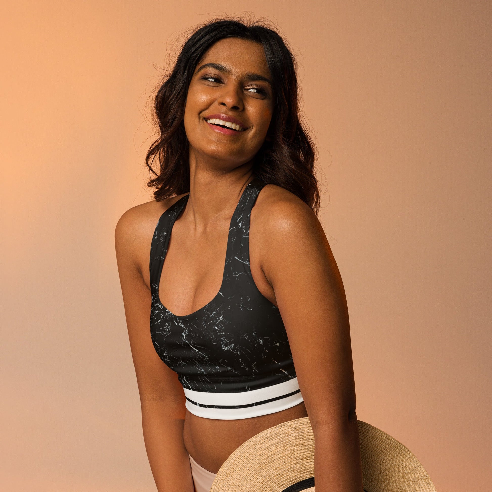 Recycelter Longline - Sport - BH mit Marmor - Design & weißen Streifen - YogaStylz