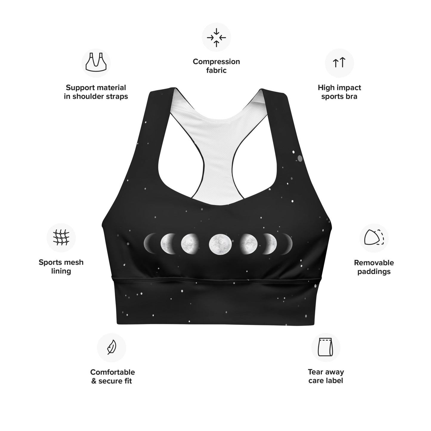 Recycelter Longline - Sport - BH mit Mondphasen vorne - YogaStylz