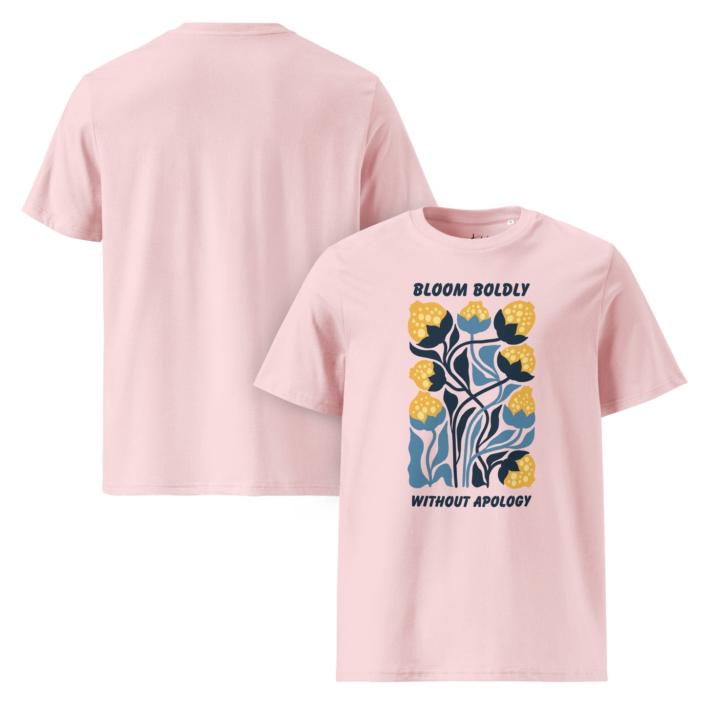 T-Shirt mit „Bloom Boldly Without Apology“ Print – Unisex Shirt aus 100 % Baumwolle (Bio) | Retro Florales Statement - YogaStylz